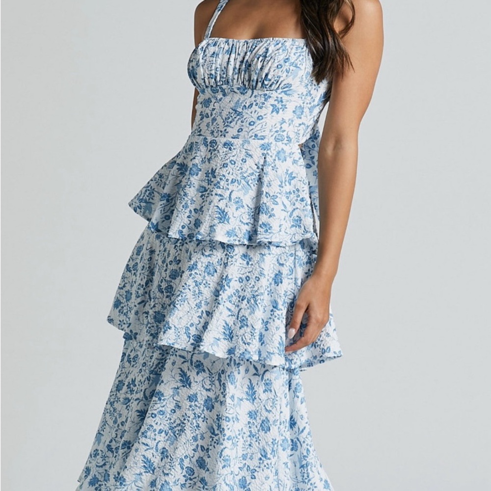 Ruched layer dress in blue floral